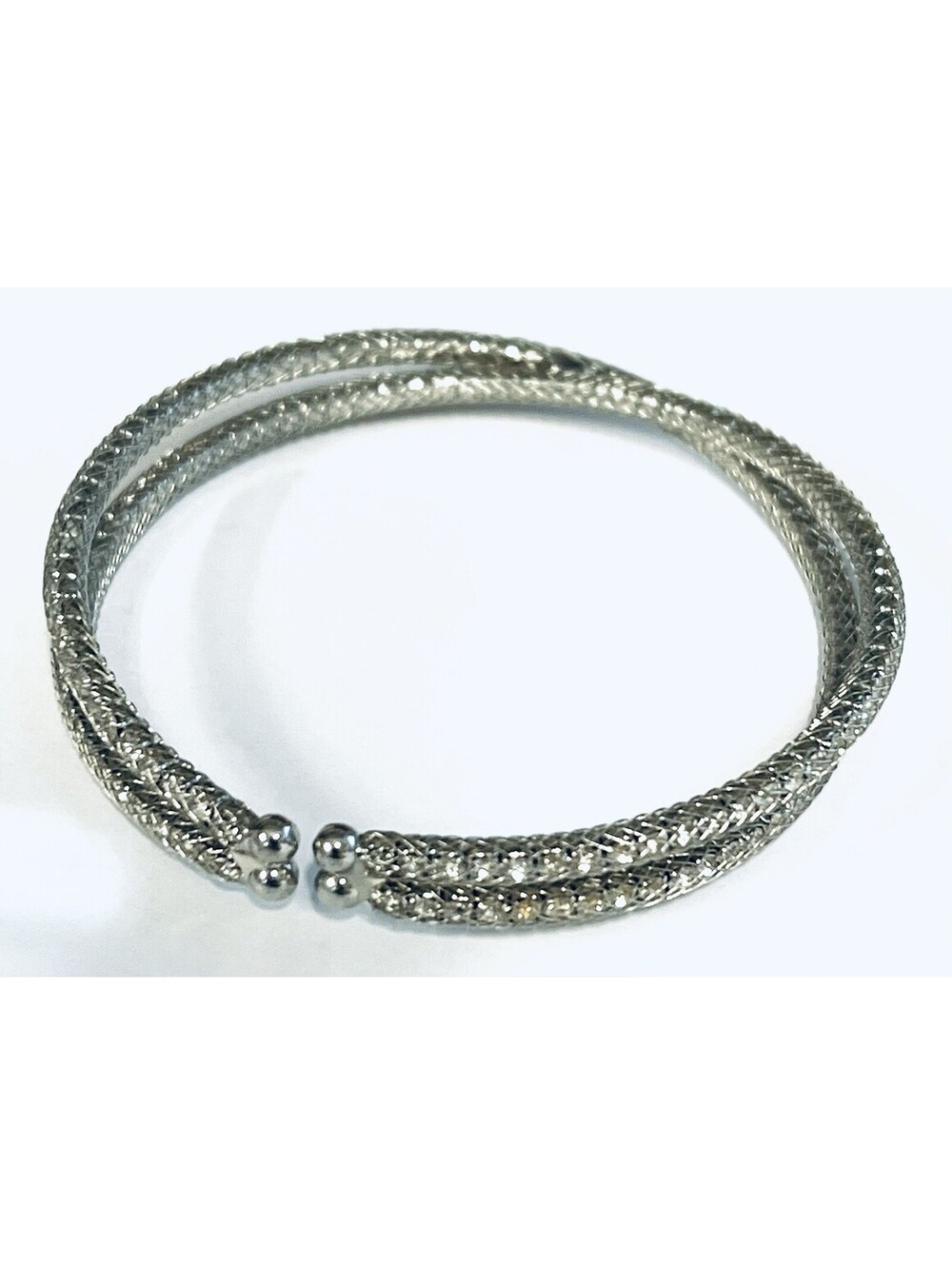 Silver Tone Mesh Wrap Cuff Bracelet Flexible Open Bangle Braided Ball Ends